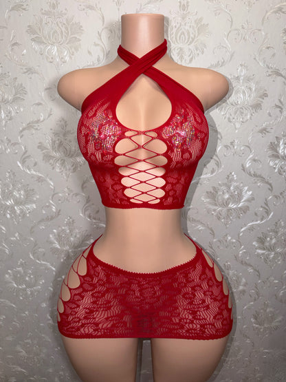 Luciana Cheetah Fishnet Long Sleeve & Mini Skirt 3 Piece Set Fits XS-L