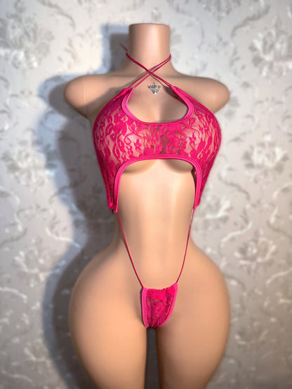 Sashay — Hot Pink Lace Slingshot Fits XS-M