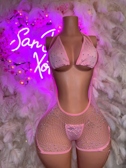 Plain Jane — Fishnet Hammock Shorts & Bikini 3 Piece Set Extra Rhinestones Fits XS-L