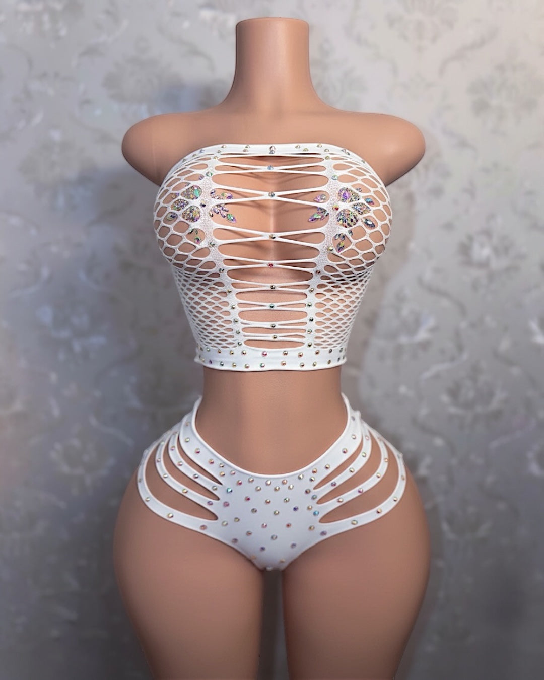 Natina Extra Rhinestones 2 Piece Cheeky Fishnet Set Fits All