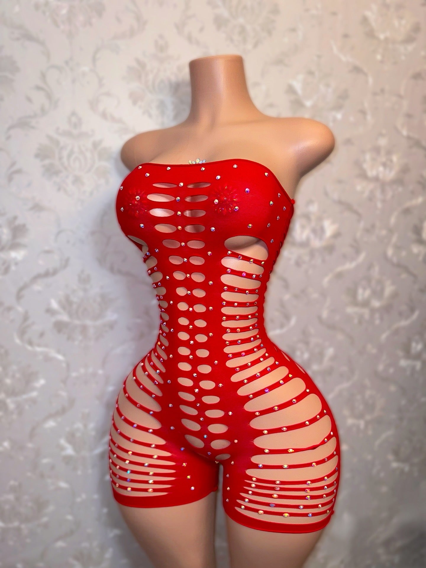Monique Fishnet Slits Romper Fits XS-L