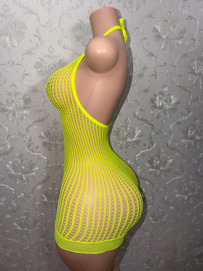Serena Halter Lace Fishnet Hem Dress Fits XS-XL