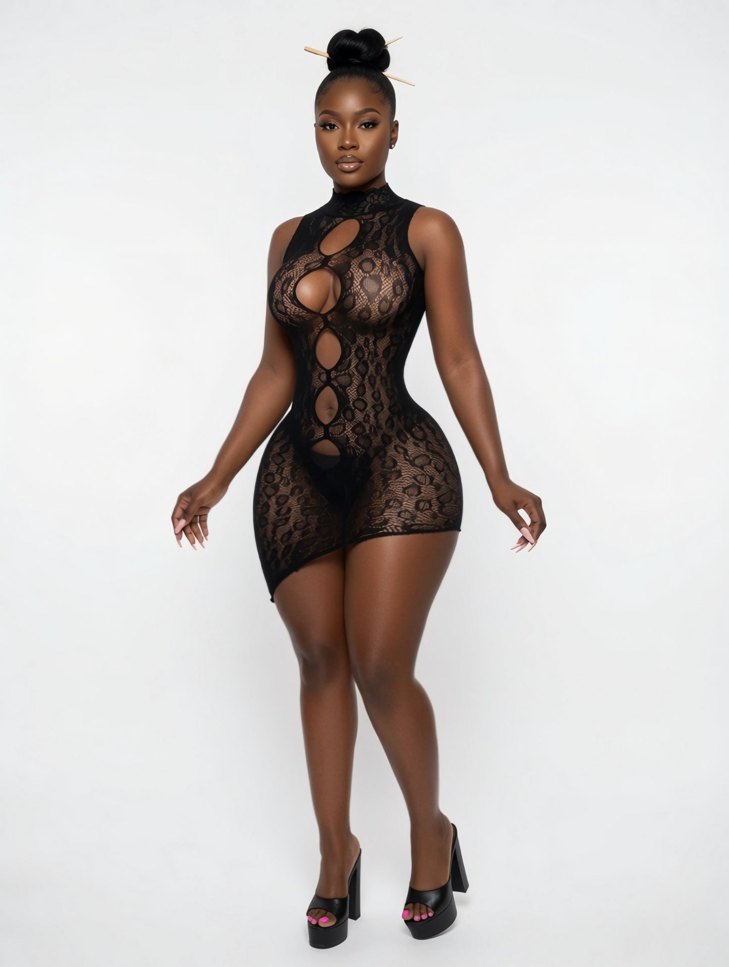 Chinese Kitty Asymmetrical Cheetah Fishnet Dress with Lace Trim