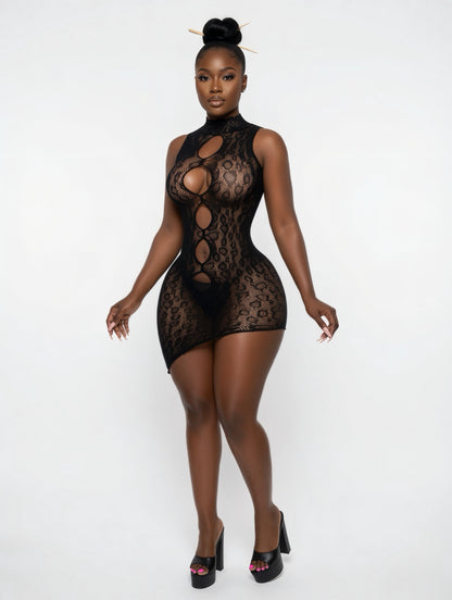Chinese Kitty Asymmetrical Cheetah Fishnet Dress with Lace Trim