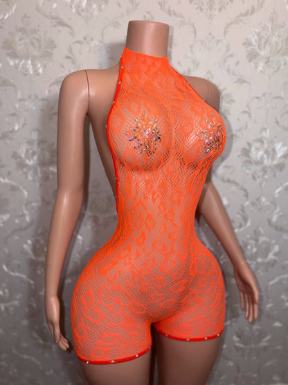 Royalty Neon Orange Halter Fishnet Romper Fits XS-L