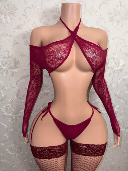 Venus Burgundy 3 Piece With Lace Thigh High Stockings Fits S-XXL