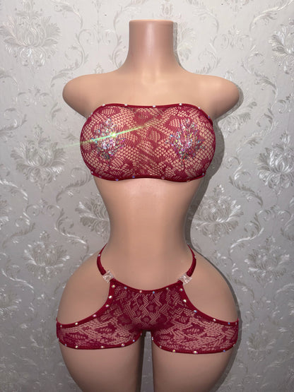 Jacqueline Wine Cheetah Cutout Fishnet Shorts Set Fits S-Li