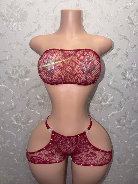 Jacqueline Wine Cheetah Cutout Fishnet Shorts Set Fits S-Li