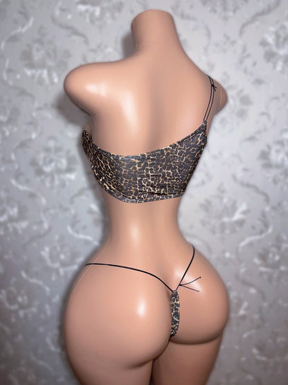 Latte Leopard Bikini With Black Cord Optional Rhinestones or Bows