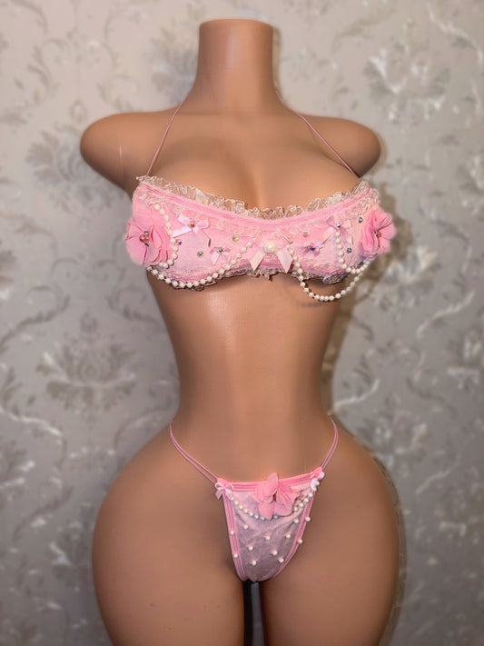 Paris Velour Ruffle Lace Trim Bandeau Bikini Set