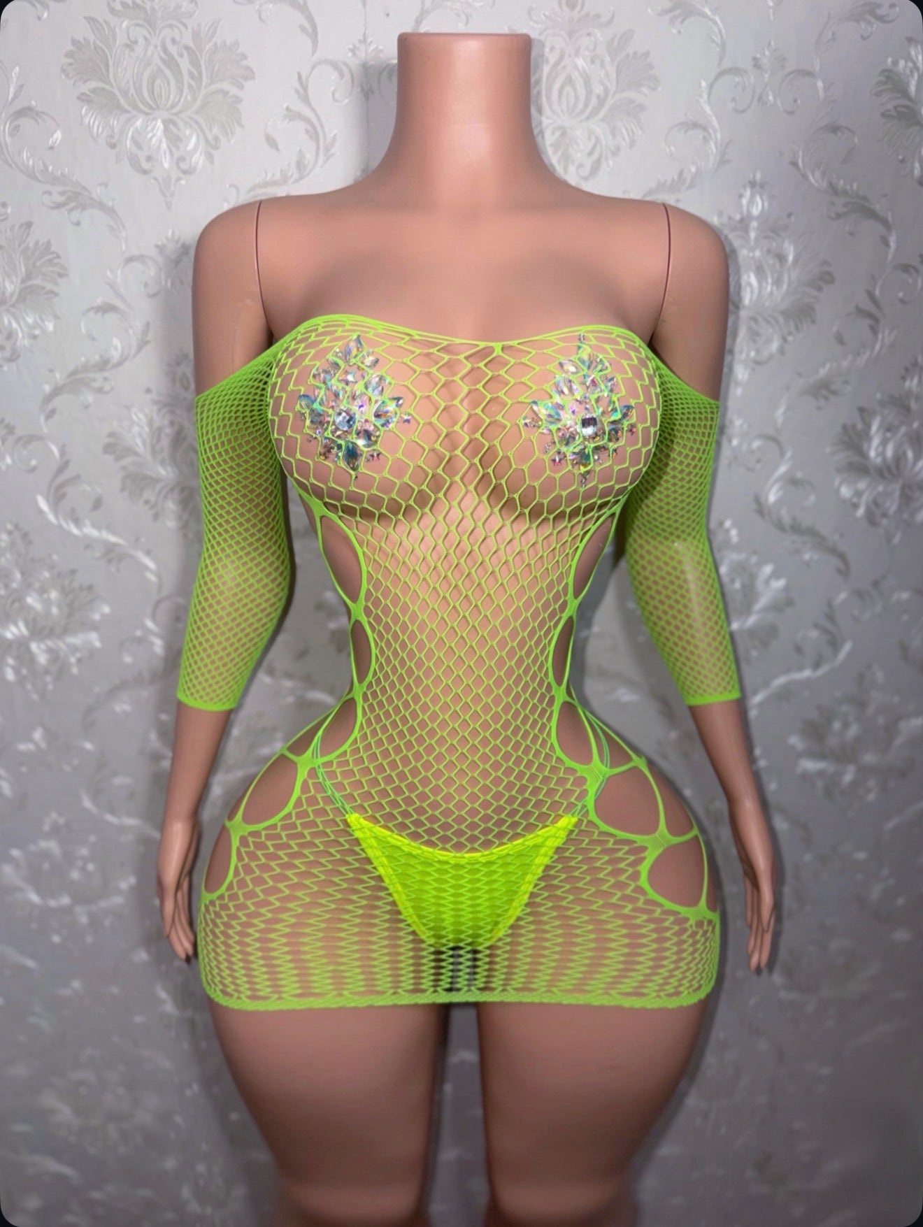 Teyana Fishnet Dress Optional Thong Fits XS-L