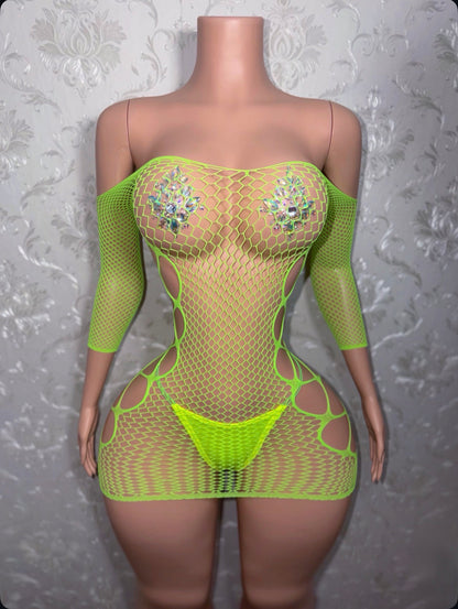 Teyana Fishnet Dress Optional Thong Fits XS-L