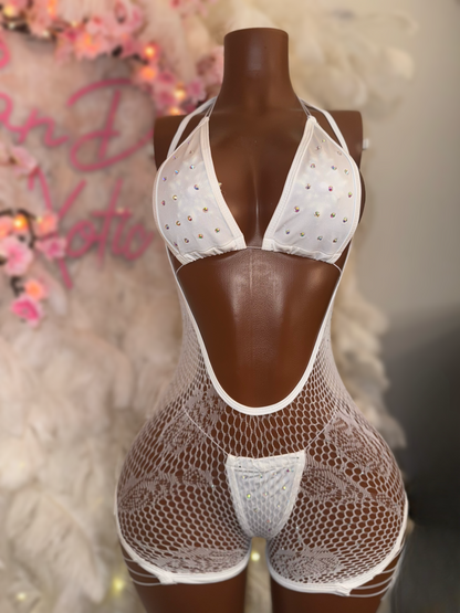 Plain Jane — Fishnet Hammock Shorts with Glittery Stones & Bikini 3 Piece Set Fits XS-L