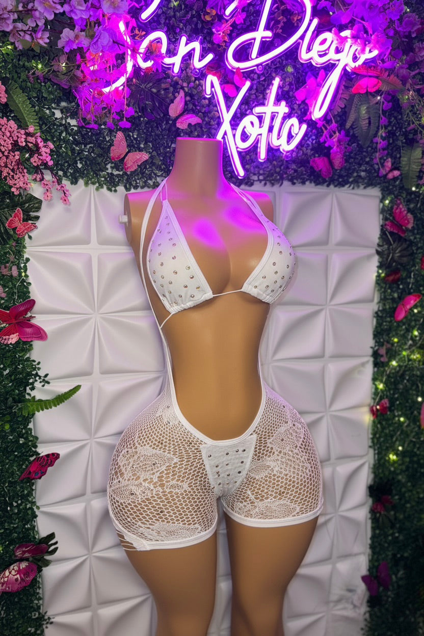 Plain Jane Fishnet Overalls and Bikini with Extra Rhinestones 3 Piece Set Fits XS-L