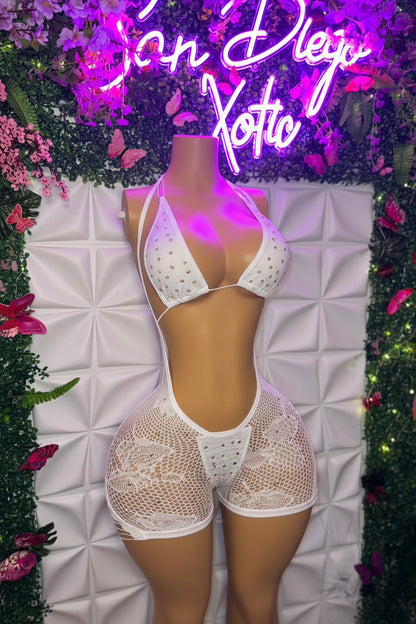 Plain Jane Fishnet Overalls and Bikini with Extra Rhinestones 3 Piece Set Fits XS-L