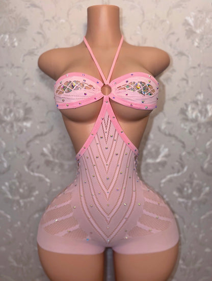 PLT Halter Fishnet Romper Extra Rhinestones Fits XS-M