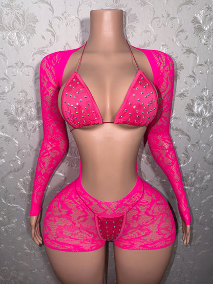 Suriyah Fishnet Romper 3 Piece With Bikini Fits XS-L
