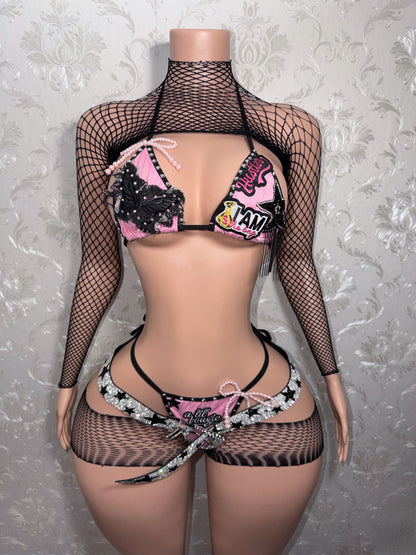 Bad To The Bone 2.0 Alt Core Y2K Patchwork Bikini + Fishnet 4 Piece Cutoff Shorts Set
