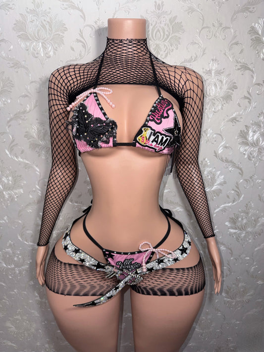 Bad To The Bone 2.0 Alt Core Y2K Patchwork Bikini + Fishnet 4 Piece Cutoff Shorts Set