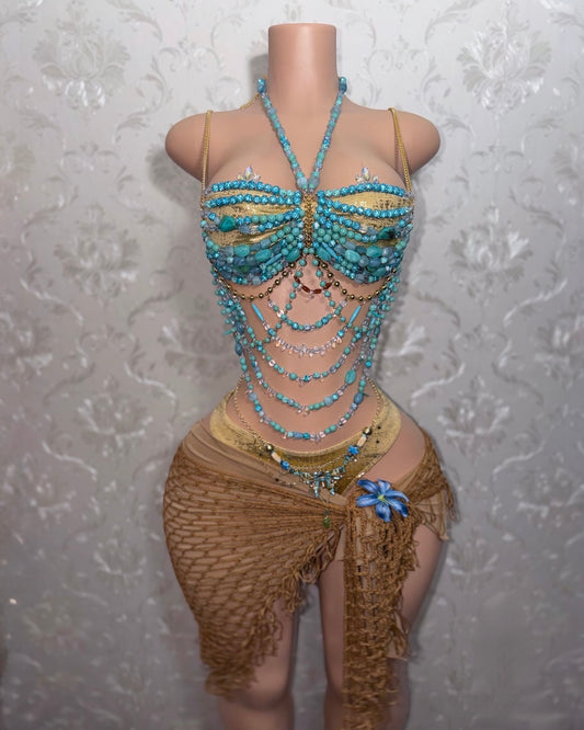 Bohemian Temptress Beaded Top 7 Piece Set With Brown Sarong