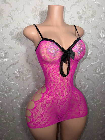 Susie Q After Dark Two Tone Lace Fishnet Mini Dress Fits XS-M