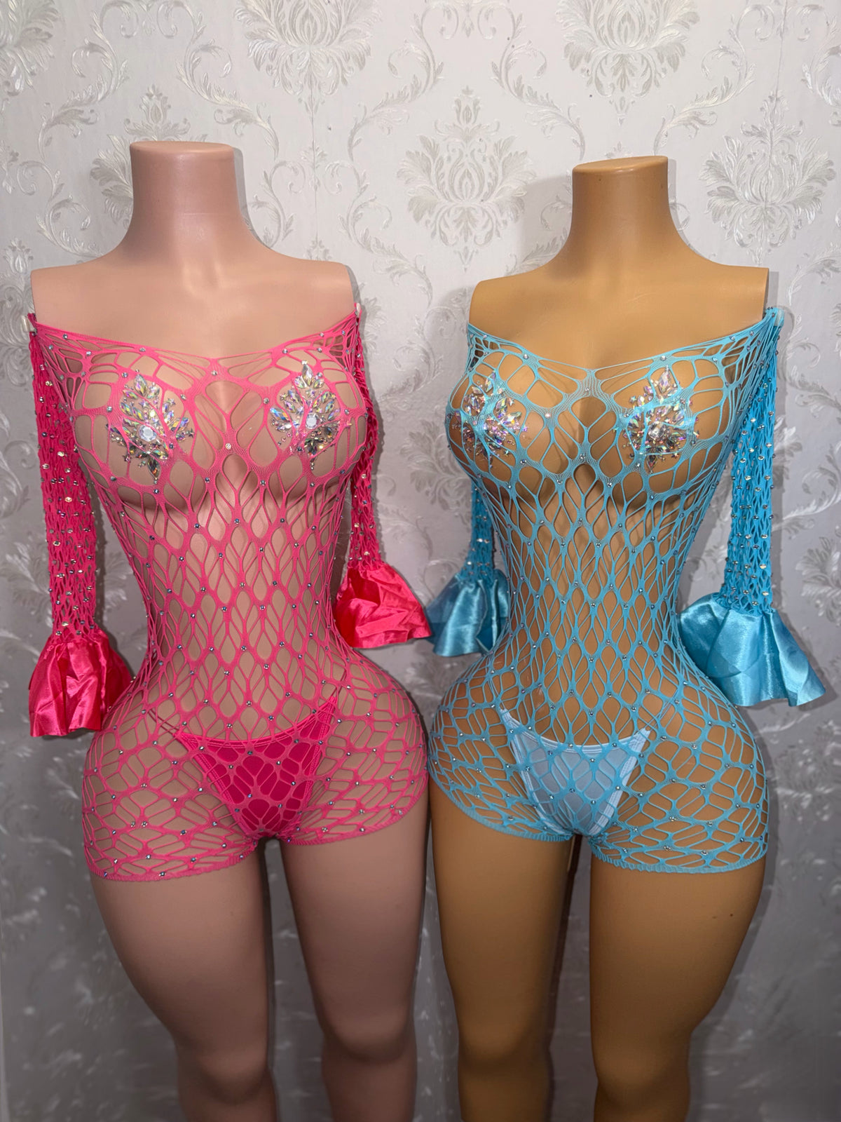 Kayla Off Shoulder Rhinestone Fishnet Romper Fits XS-M