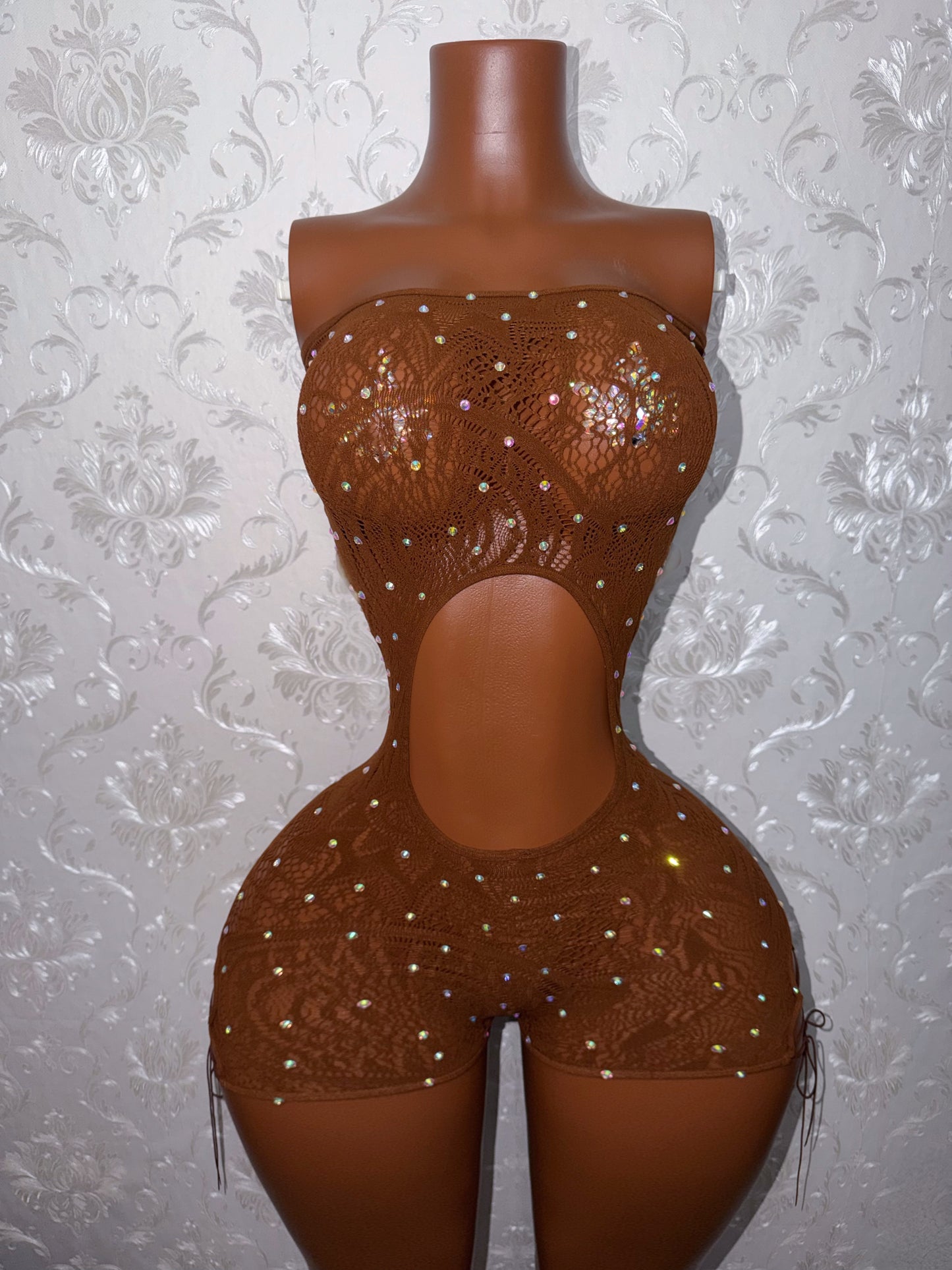 Mocha Brown Lace Fishnet Romper Set with Thong Fits Curvy M-XXL