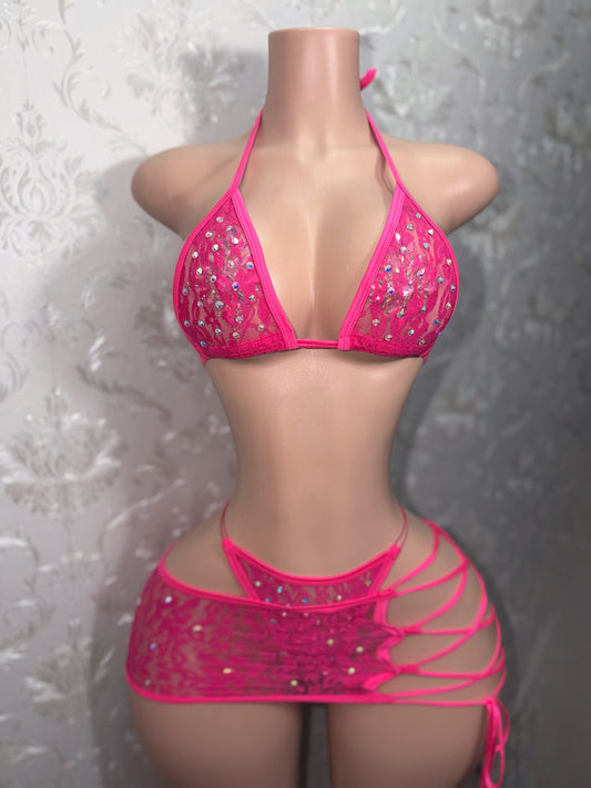Hot Pink Lace Skirt Set With Rhinestones Fits XS-L