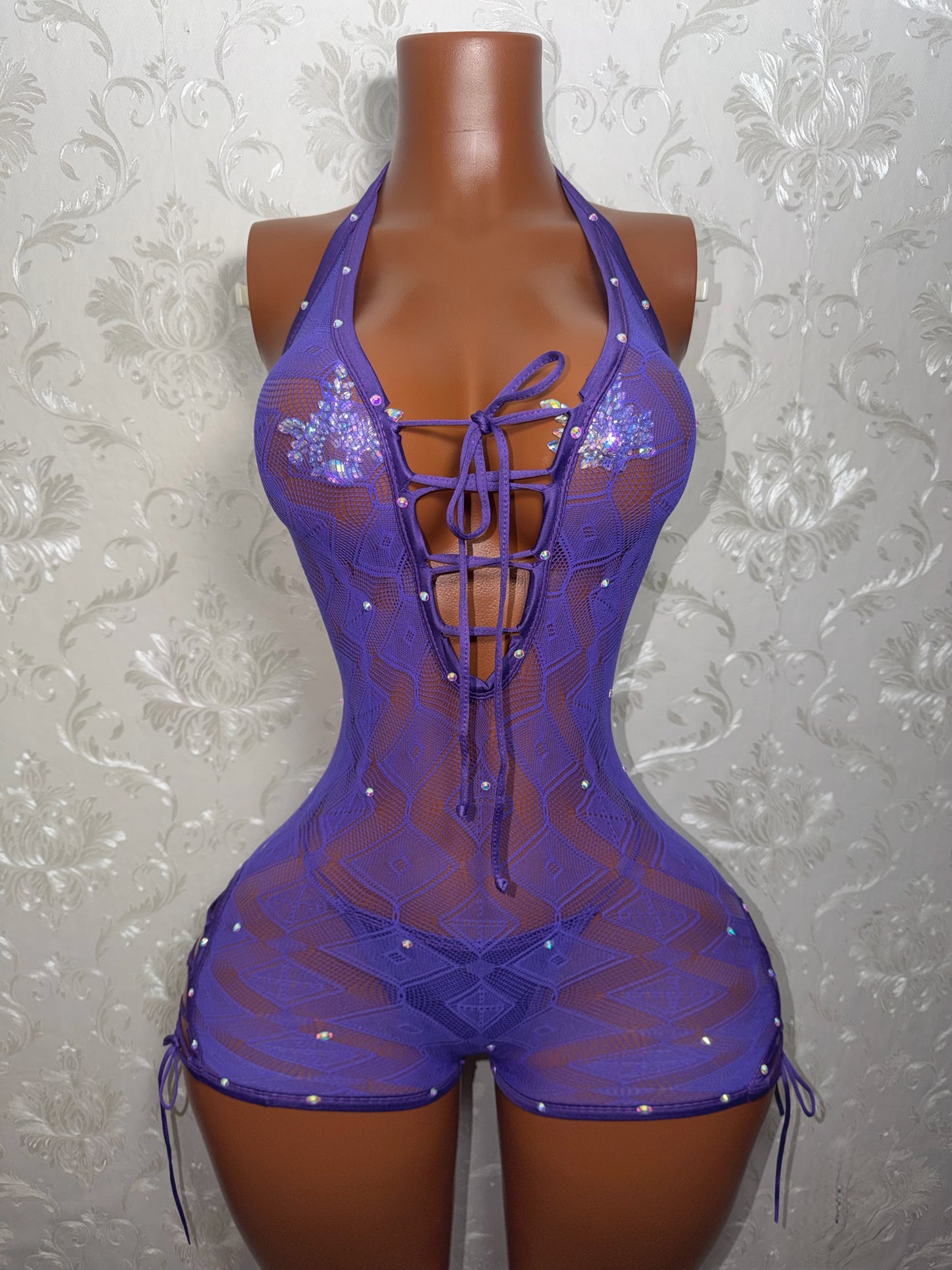 Nola Diamond Lattice Lace Up Fishnet Romper Fits XS-L