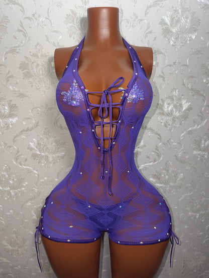 Nola Diamond Lattice Lace Up Fishnet Romper Fits XS-L