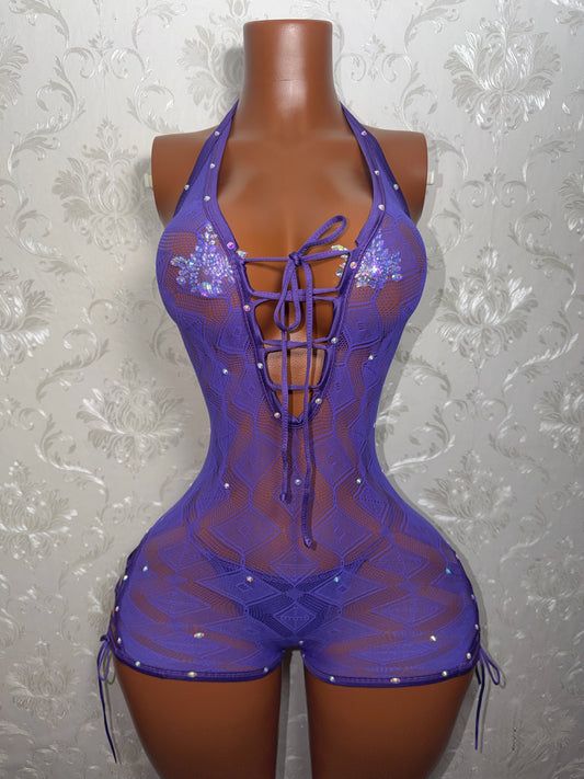 Nola Diamond Lattice Lace Up Fishnet Romper Fits XS-L