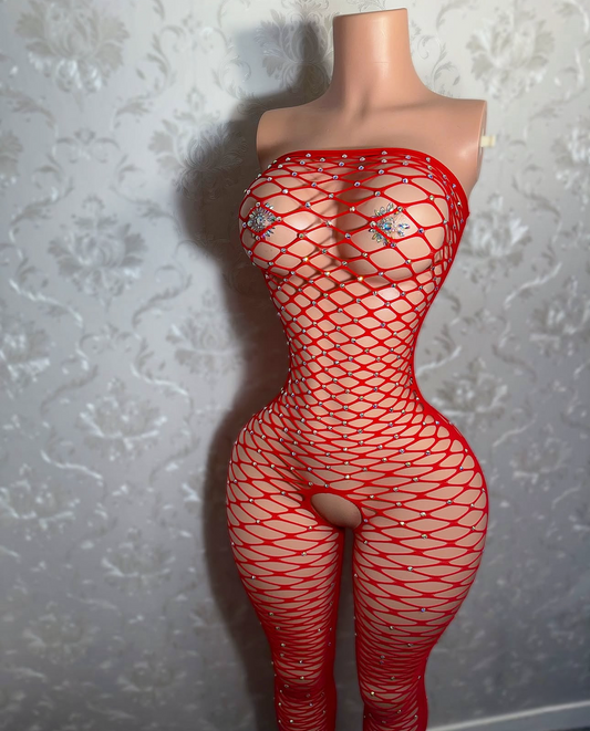 Rene — Strapless Fishnet Bodystocking Optional Rhinestones Fits XS-XL