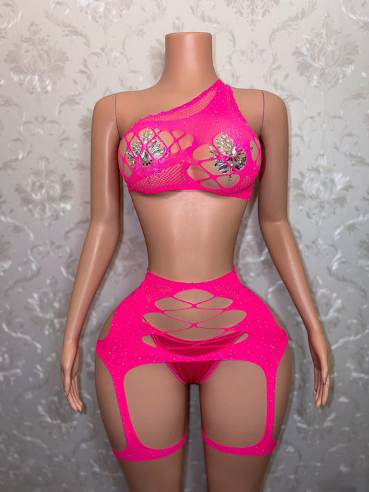 Kelsey Hot Pink Rhinestone Fishnet Chaps 2 Piece Optional Thong Fits S-L