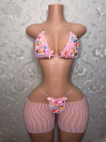 Candy Girl Charm Bikini With Baby Pink Bows & Cutoff Fishnets