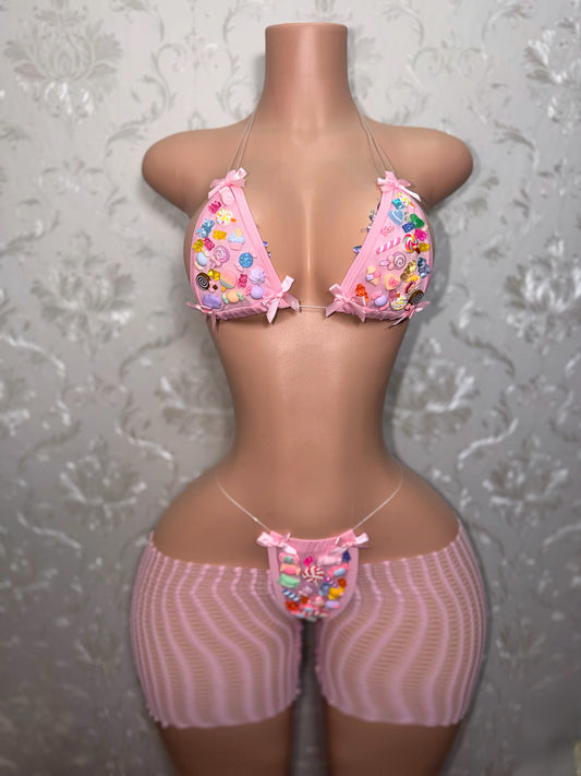 Candy Girl Charm Bikini With Baby Pink Bows & Cutoff Fishnets