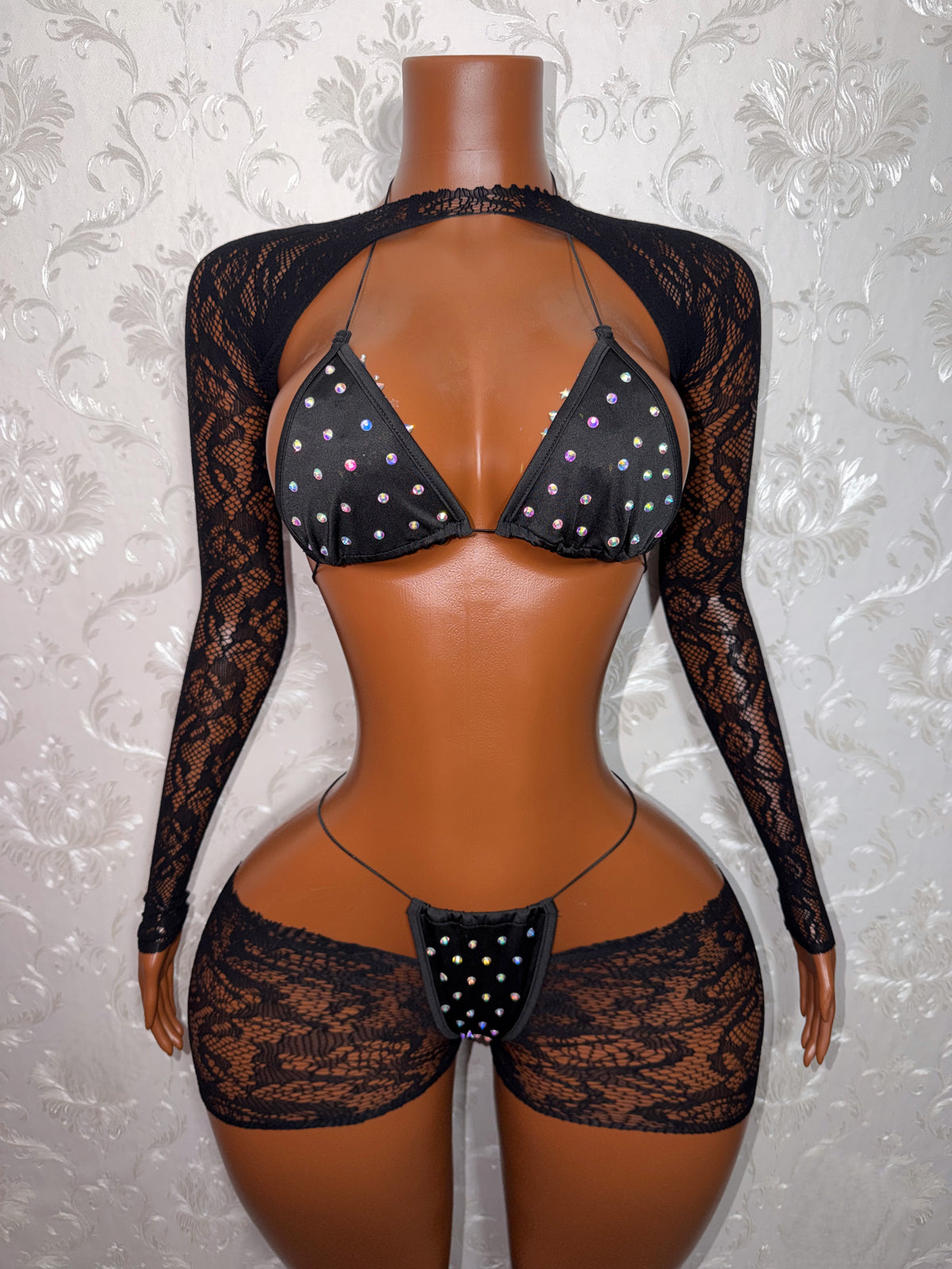 Suriyah Fishnet Cutoff Shorts Bikini and Shrug 4 Piece Set Fits XS-L