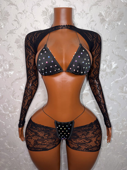 Suriyah Fishnet Cutoff Shorts Bikini and Shrug 4 Piece Set Fits XS-L