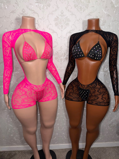 Suriyah Fishnet Romper 3 Piece With Bikini Fits XS-L