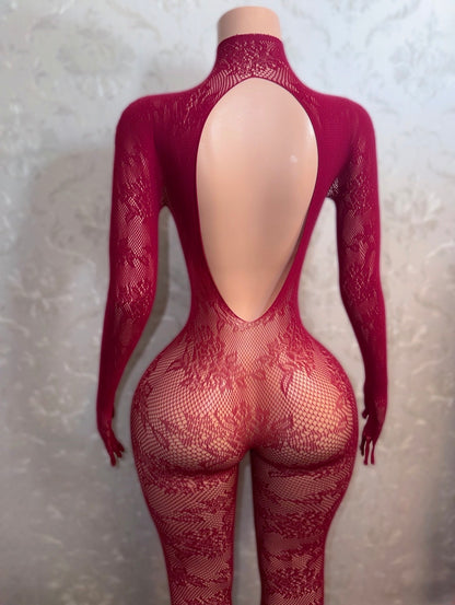Kaliyah Burgundy Lace Bodystocking Fits XS-XL