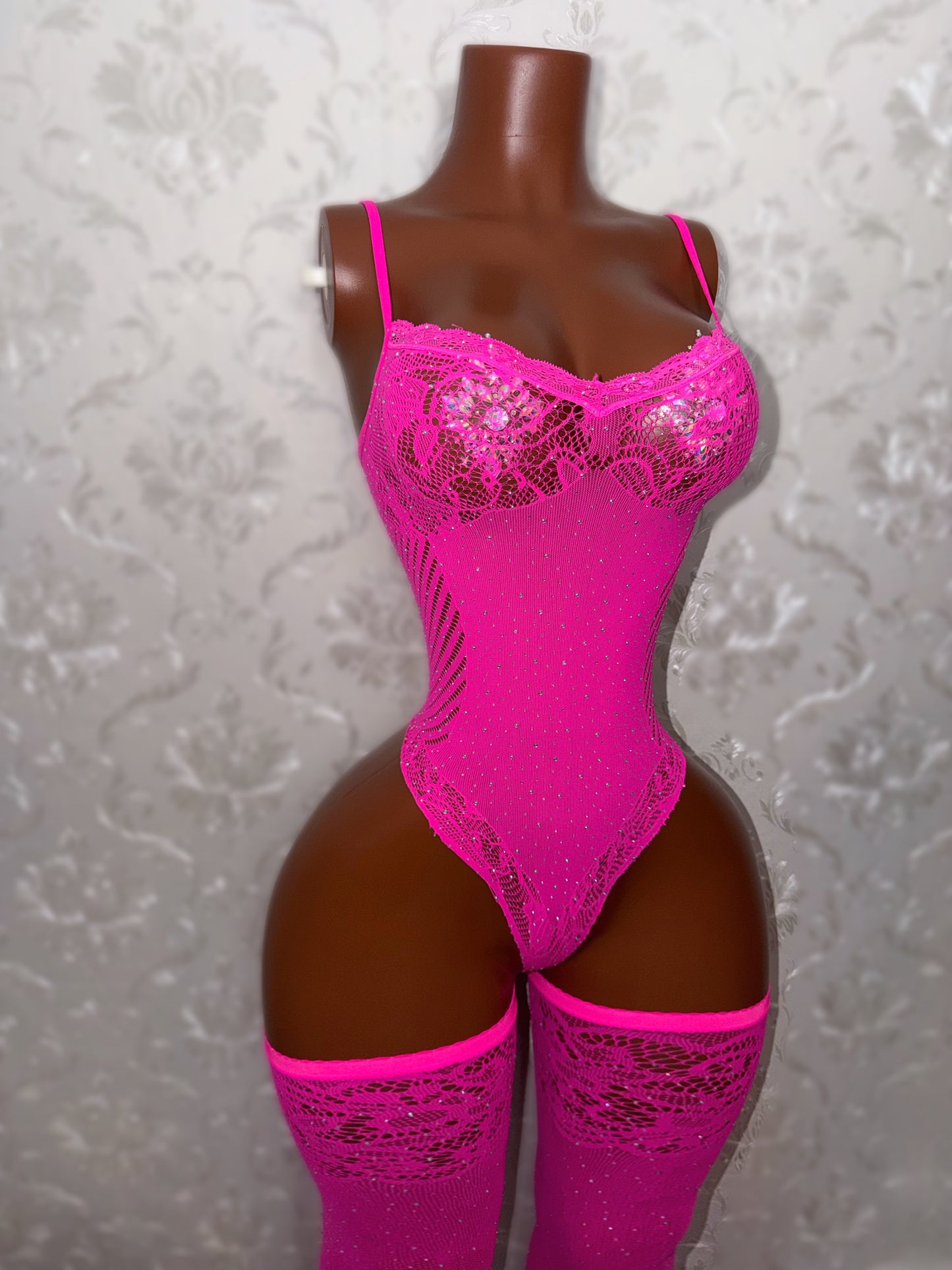 Crystal Baller Rhinestone Fishnet Bodysuit with Thigh Highs Set Fits XS-XL