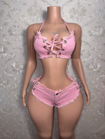 Amirah- 2 Piece Distressed Ultra Mini Denim Shorts Set