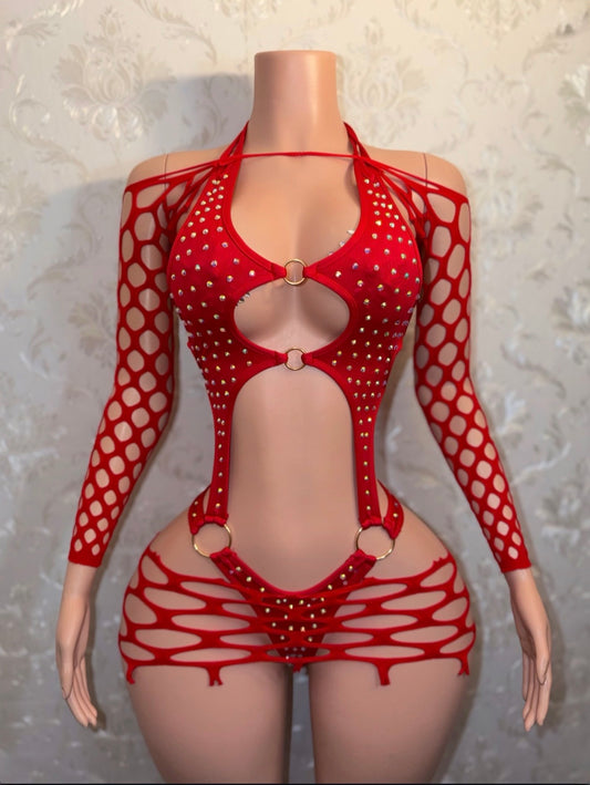 Sadé Rhinestone One Piece & Fishnet Shawl + Skirt Set Fits S-L
