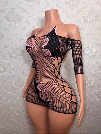 Mamacita Asymmetrical Rhinestone 3 Piece with Fishnet Dress