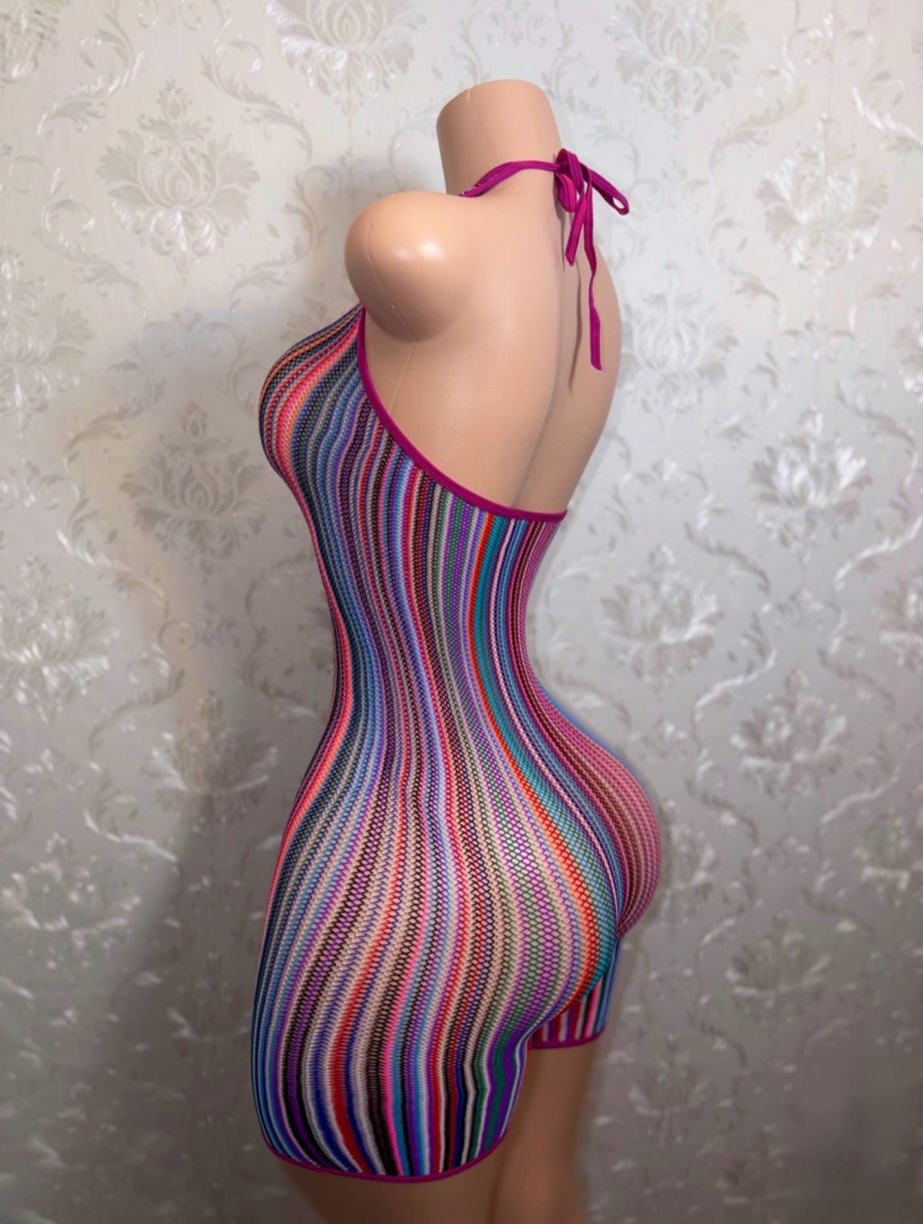 Onika Multicolor Halter Fishnet Romper  Fits XS-XL