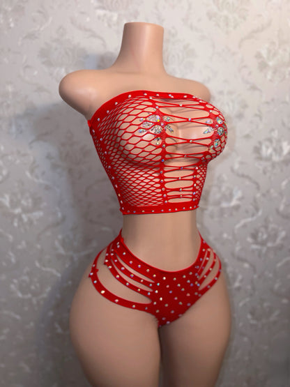 Natina Cheeky Fishnet Bra and Thong Set With Rhinestones One Size Fits All