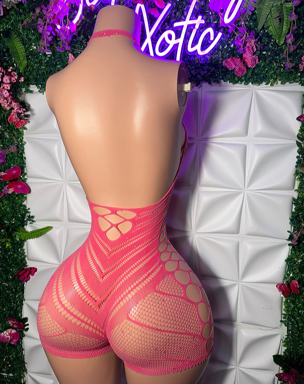 PLT Curvy Collection — Glittery PLT Fishnet Romper Fits S-XXL