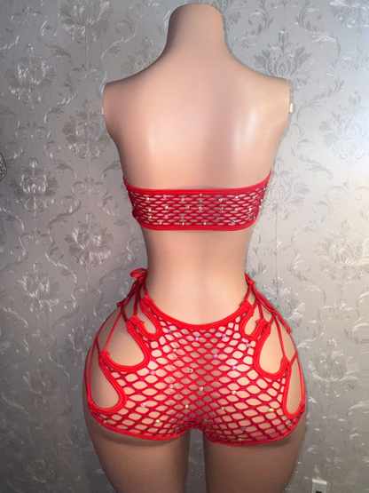 Bonnie — Net Bandeau and Side Tie Slits Shorts Set