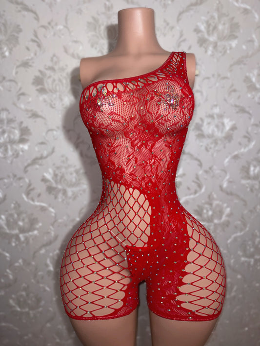 Lace Detail — Asymmetrical Lace Fishnet Romper Fits XS-L