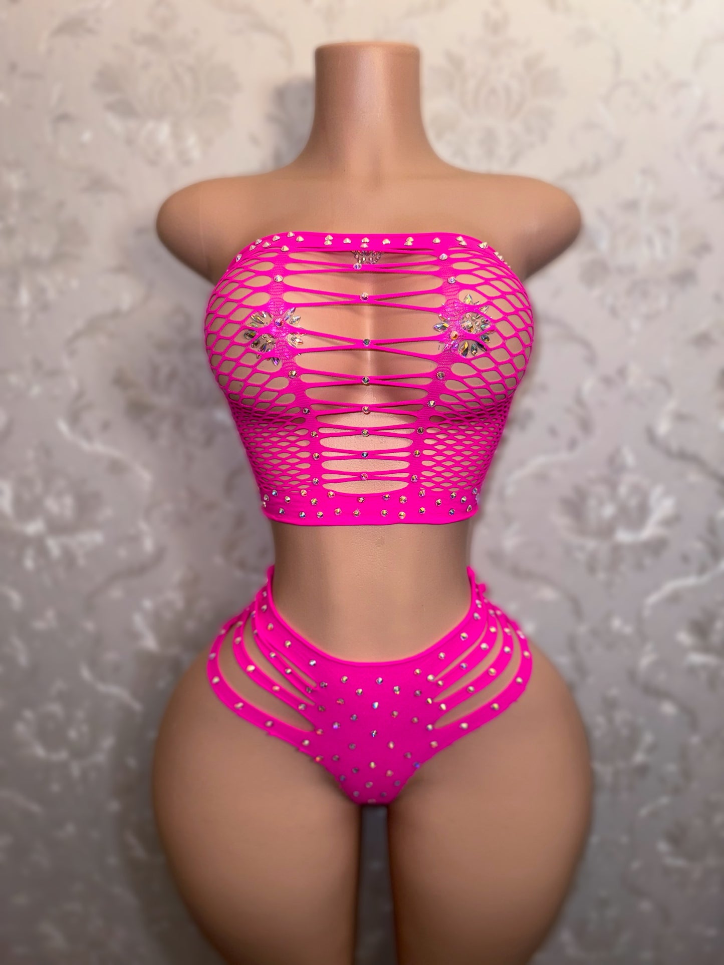 Natina Extra Rhinestone 2 Piece Cheeky Fishnet Set Fits All