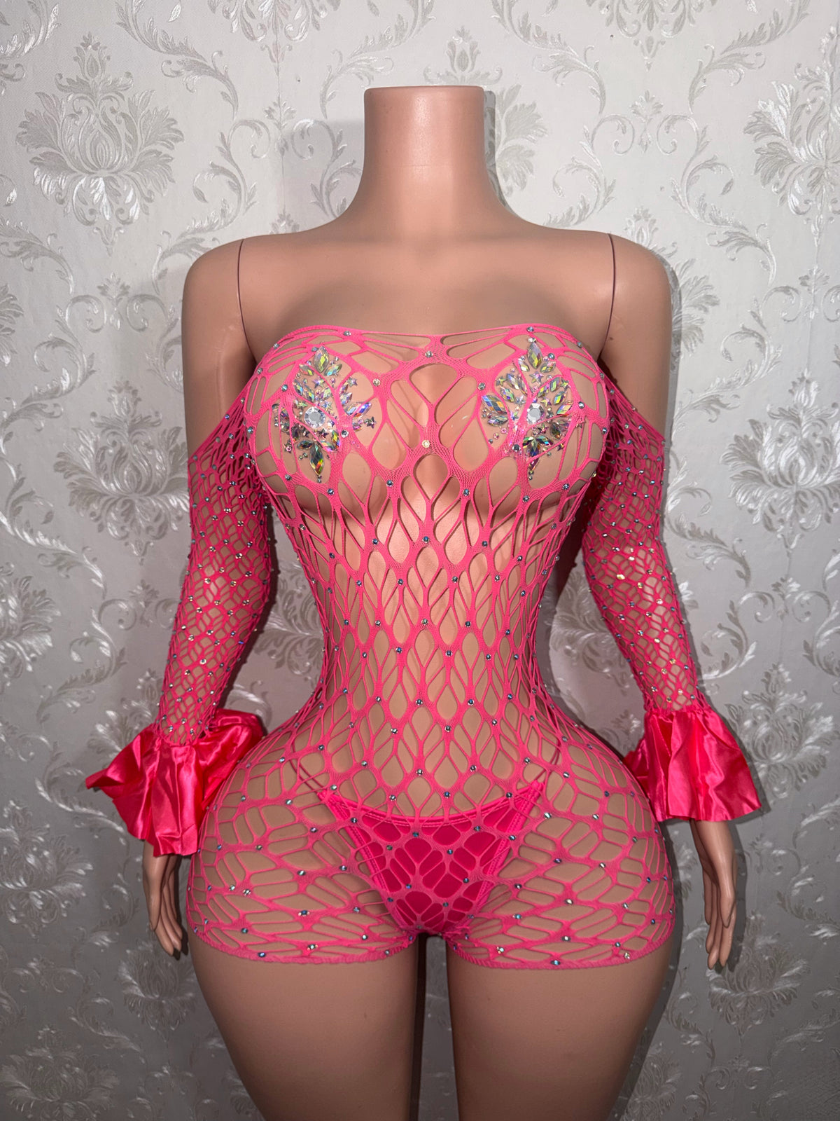 Kayla Off Shoulder Rhinestone Fishnet Romper Fits XS-M
